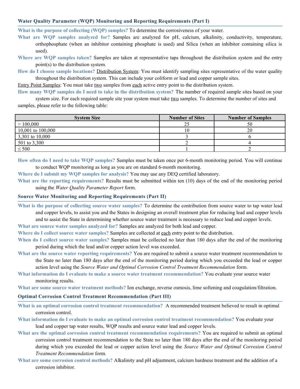 Water Quality Parameter(WQP) Monitoring and Reporting Requirements (Part I)