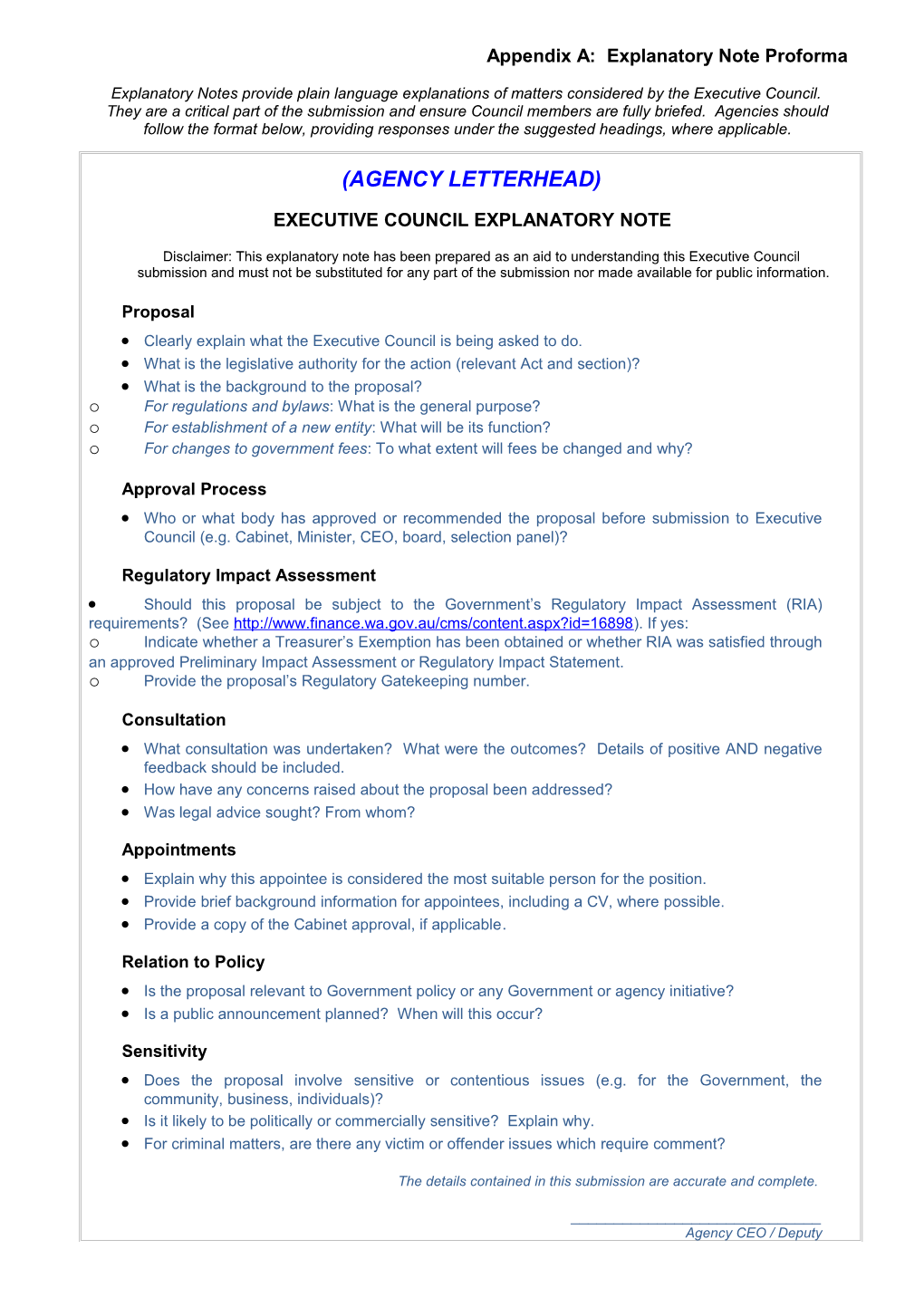 Appendix A: Explanatory Note Proforma