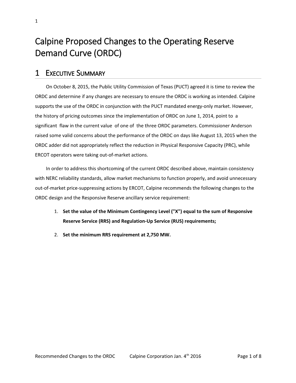 Calpine Proposed Changes to the Operating Reserve Demand Curve (ORDC)