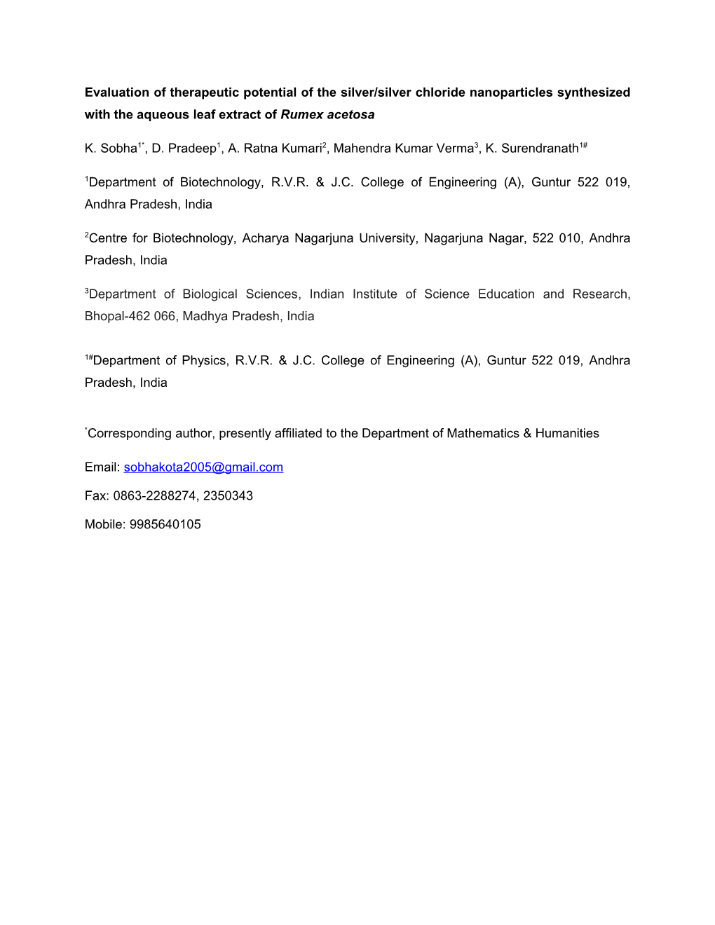 1Department of Biotechnology, R.V.R. & J.C. College of Engineering (A), Guntur 522 019