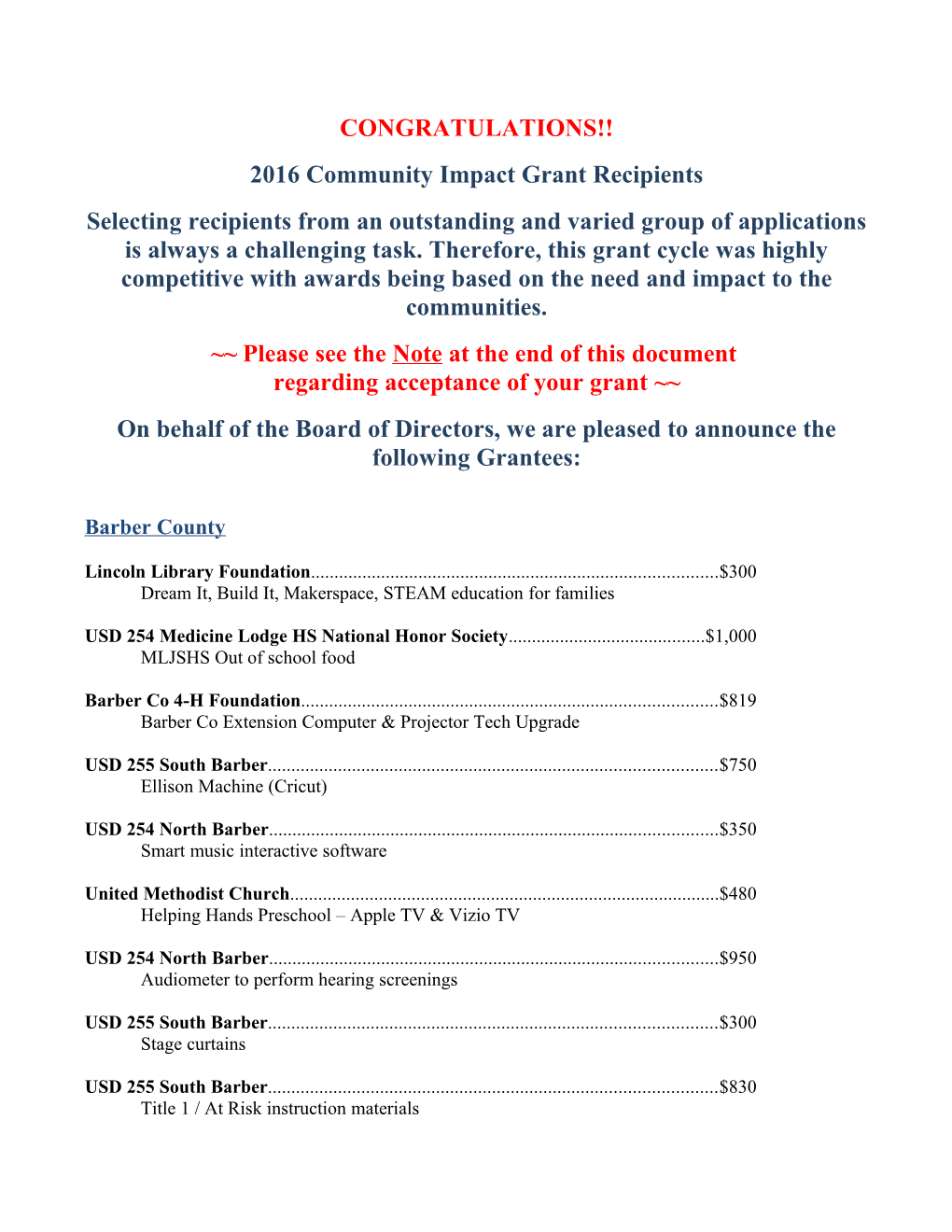 2016 Community Impact Grant Recipients