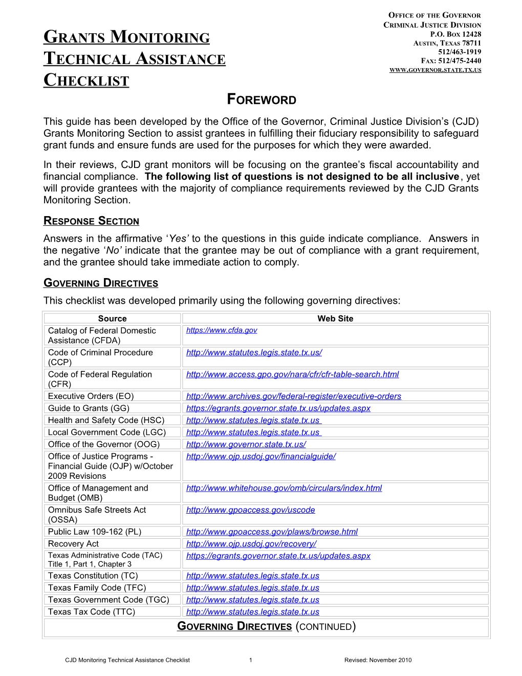 Grants Monitoring Technical Assistance Checklist