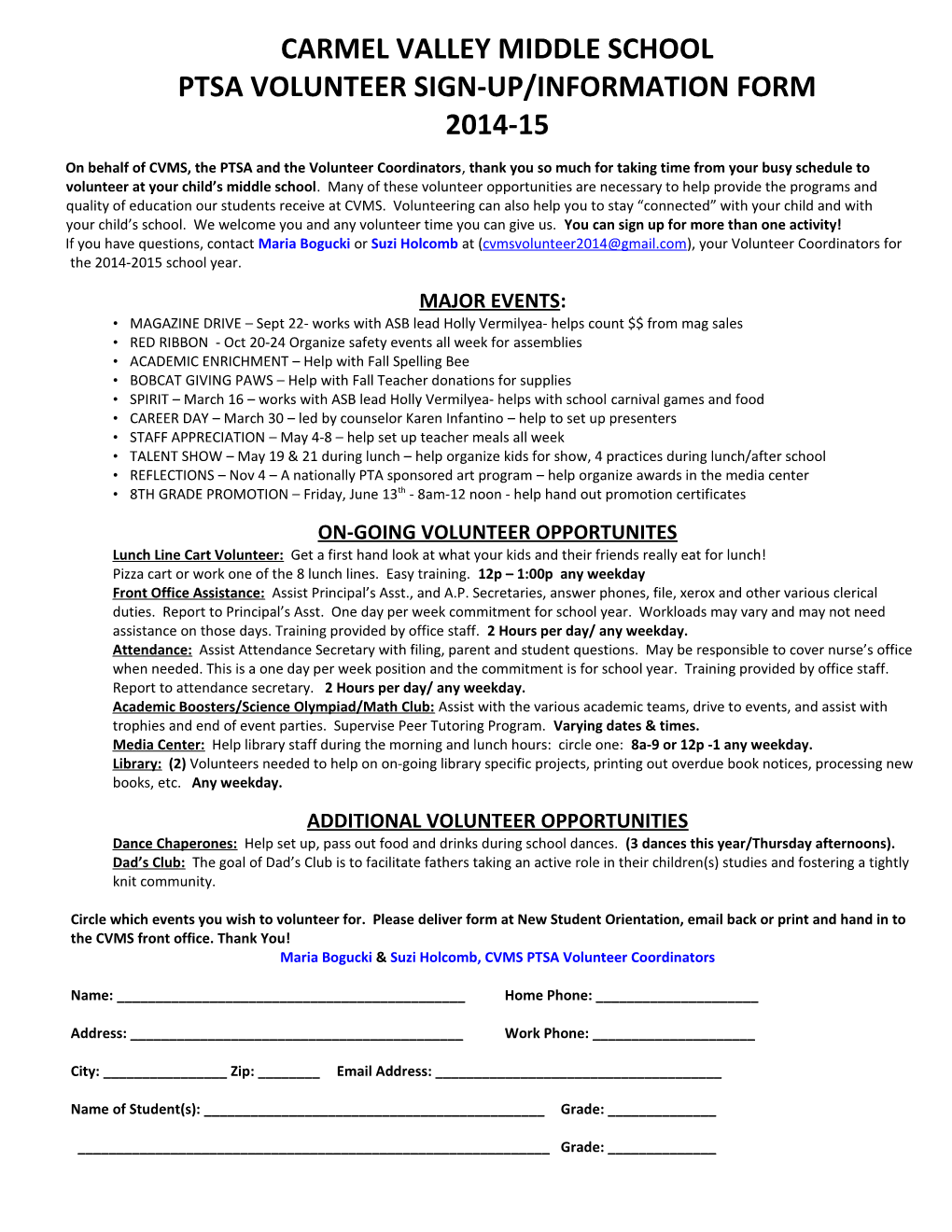 Carmel Valley Middle School Volunteer Information and Sign up Sheet