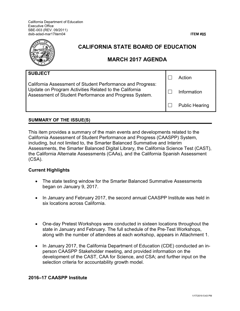March 2017 Agenda Item 05 - Meeting Agendas (CA State Board of Education)