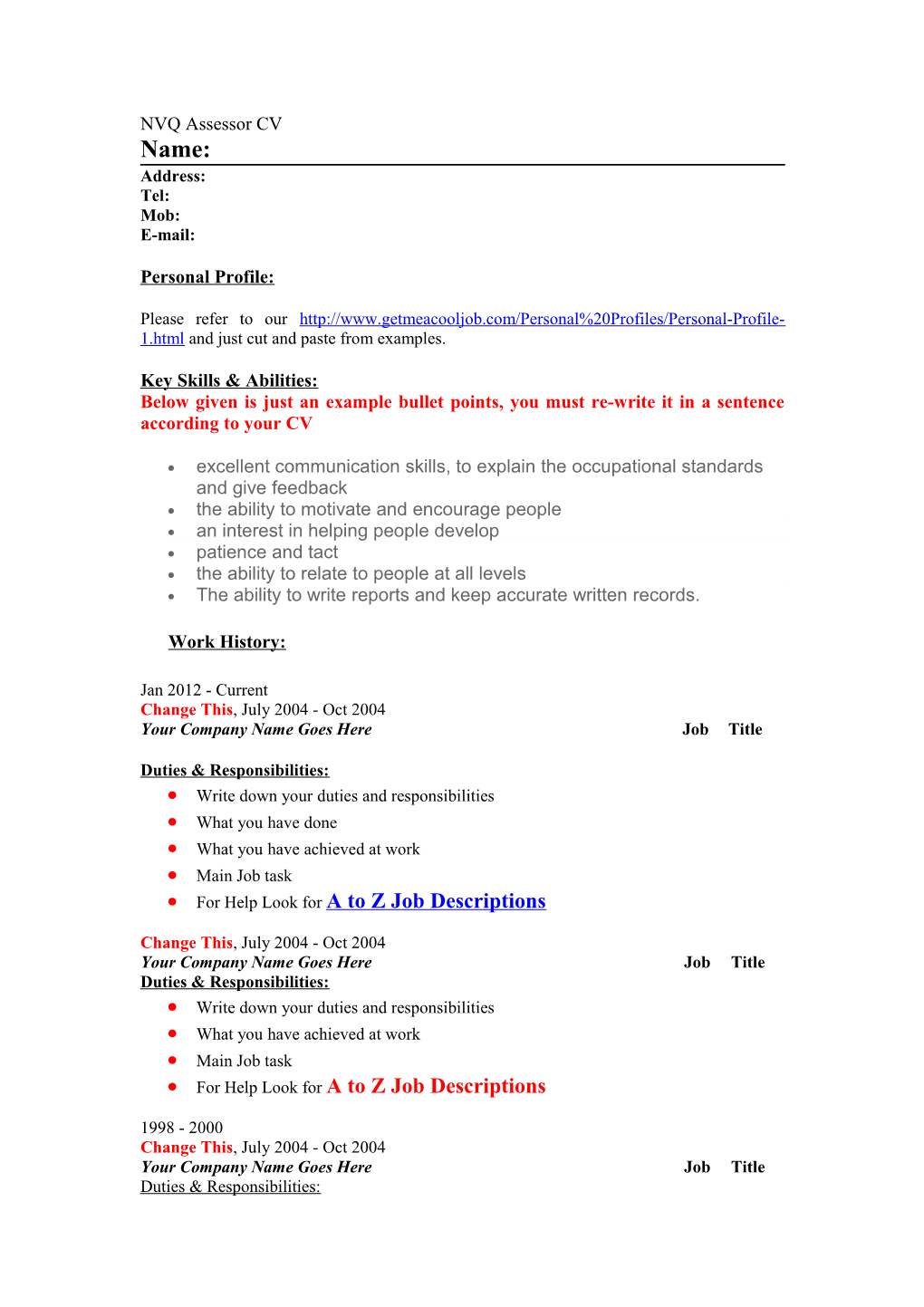 NVQ Assessor Job Descriptions