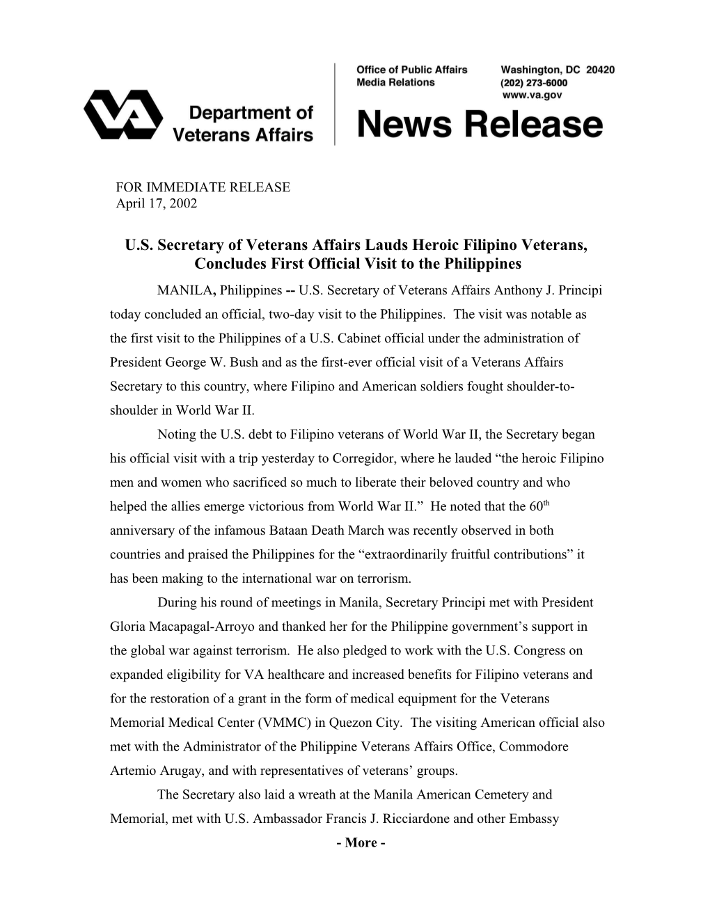 U.S. Secretary of Veterans Affairs Lauds Heroic Filipino Veterans