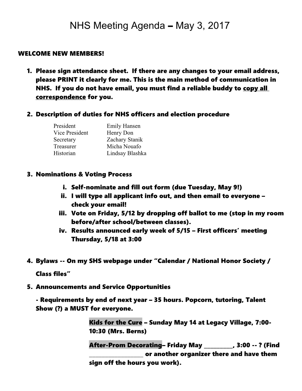 NHS Meeting Agenda - May 20, 2003