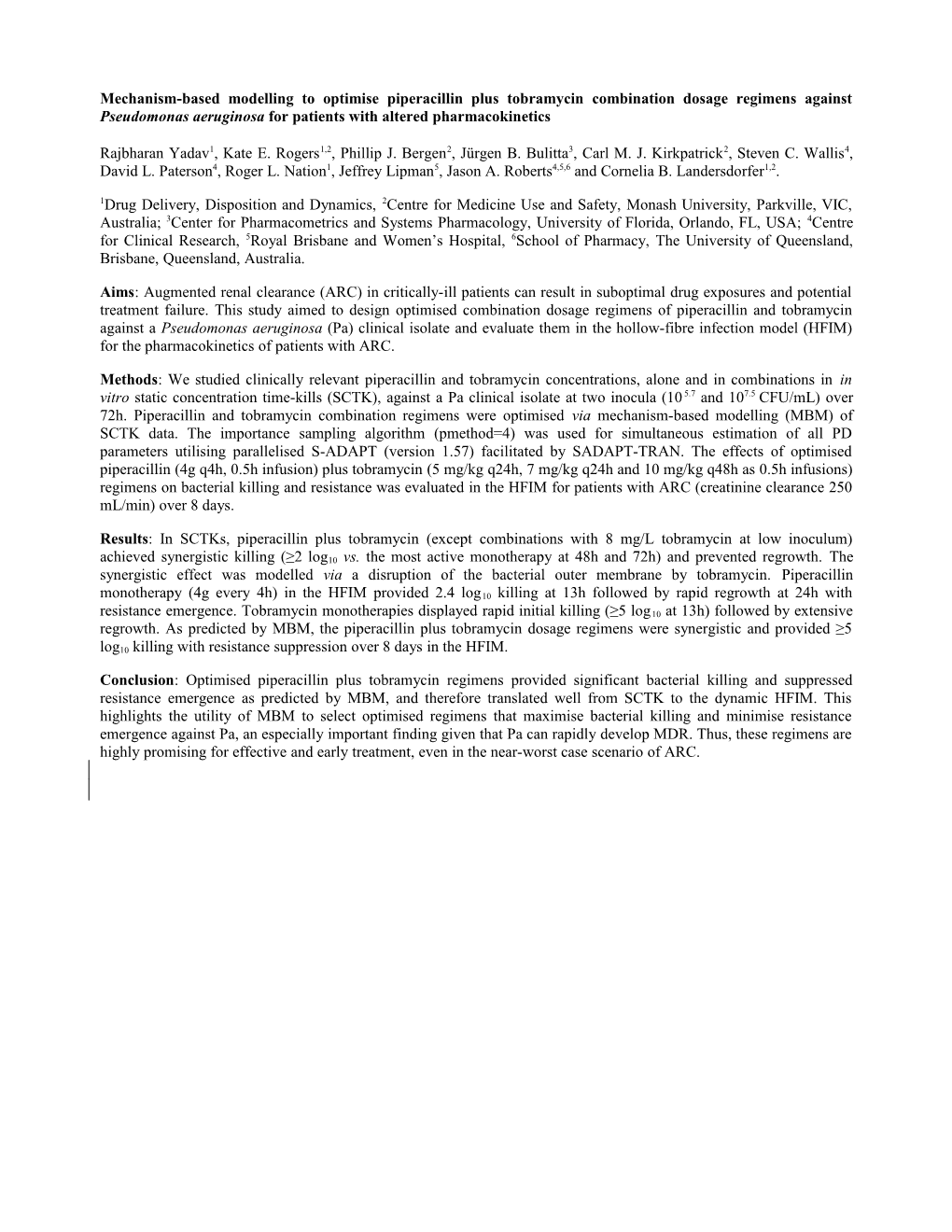 Mechanism-Based Modelling to Optimise Piperacillin Plus Tobramycin Combination Dosage