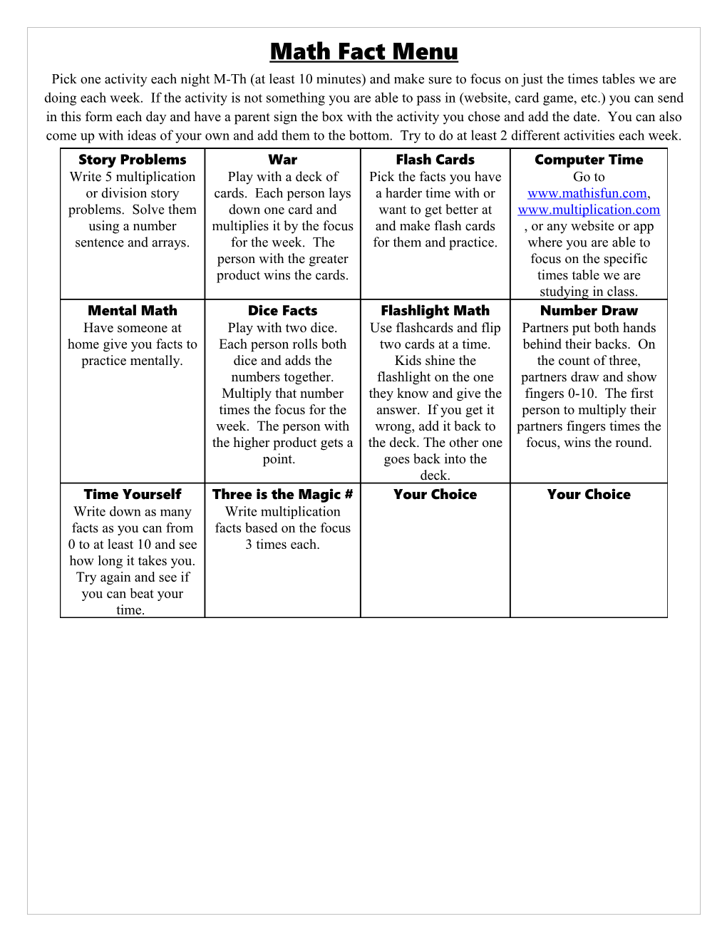 Math Fact Menu