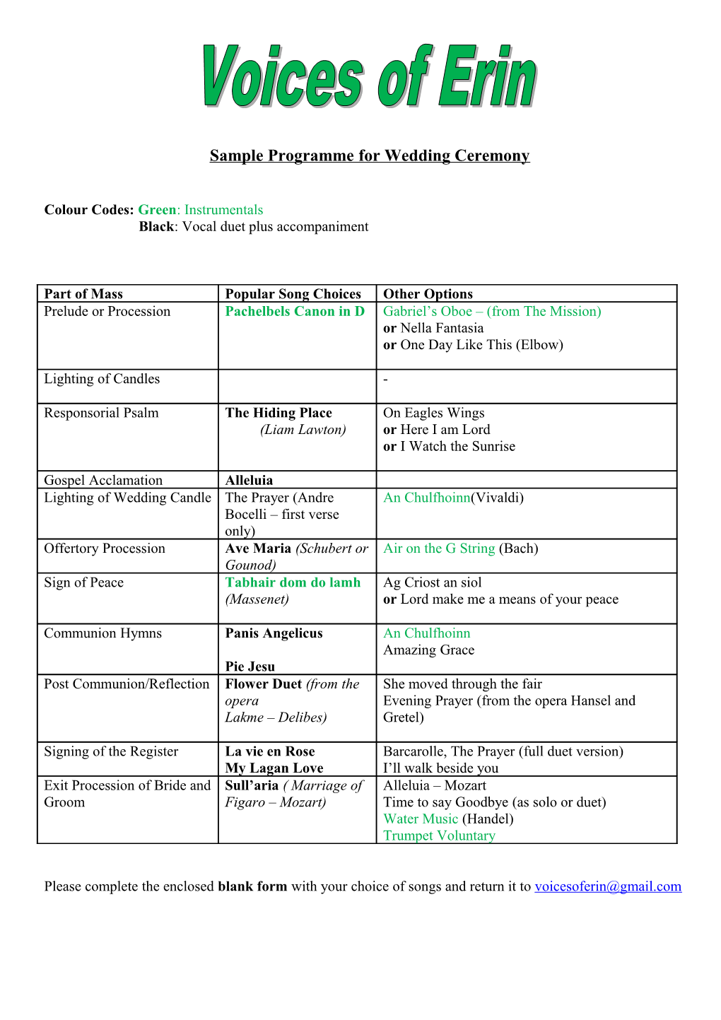 Sample Programme for Wedding Ceremony