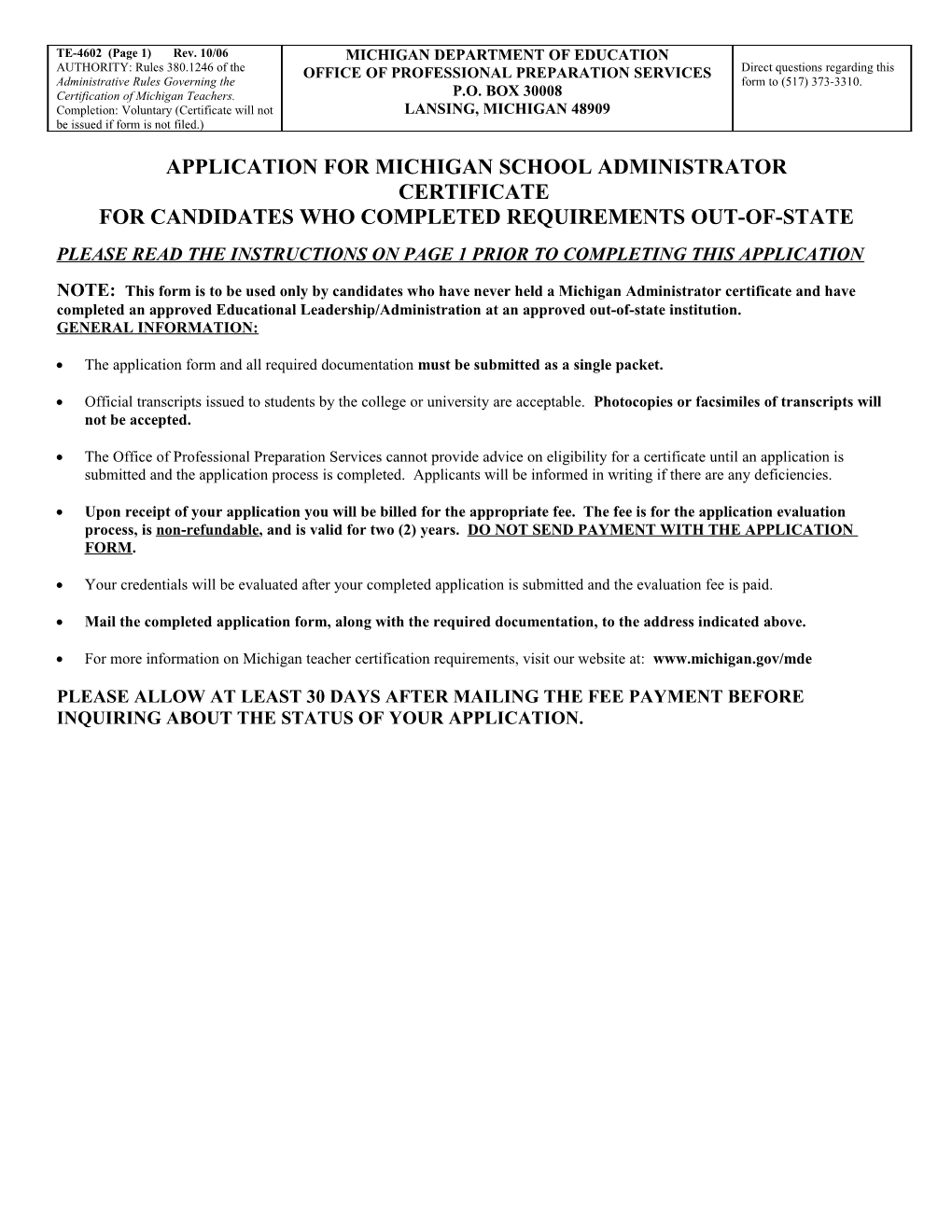 Application for Michigan School Administrator