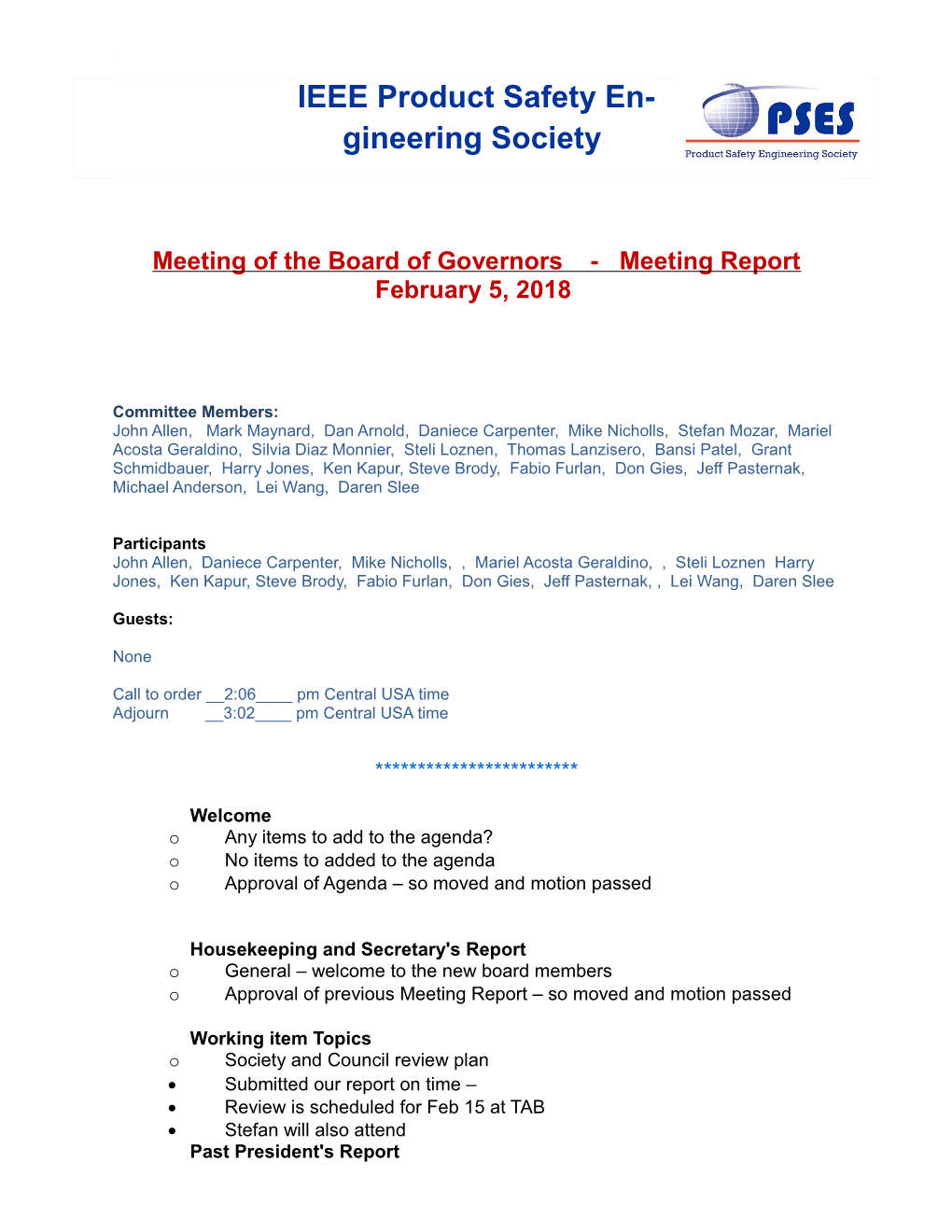 Meeting of the Board of Governors - Meeting Report