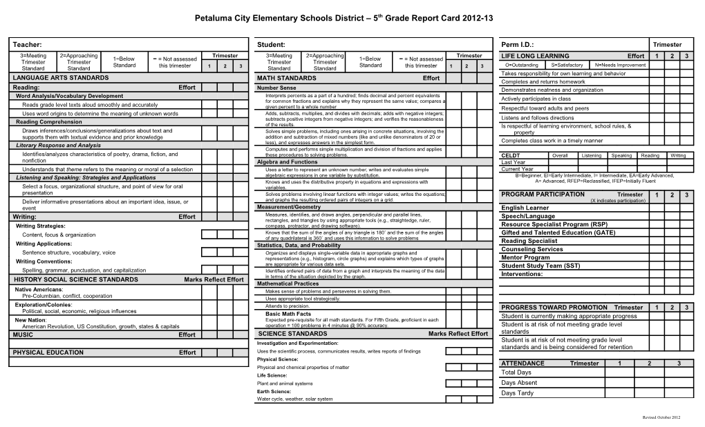 Petaluma City Elementary Schools District 5Th Grade Report Card 2012-13