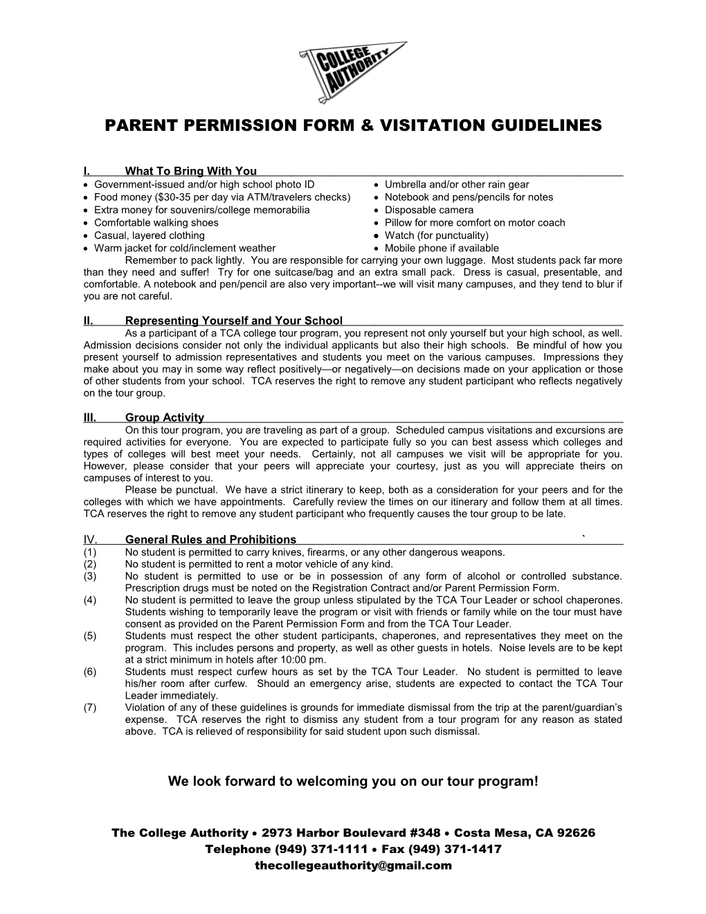 Parent Permission Form & Visitation Guidelines