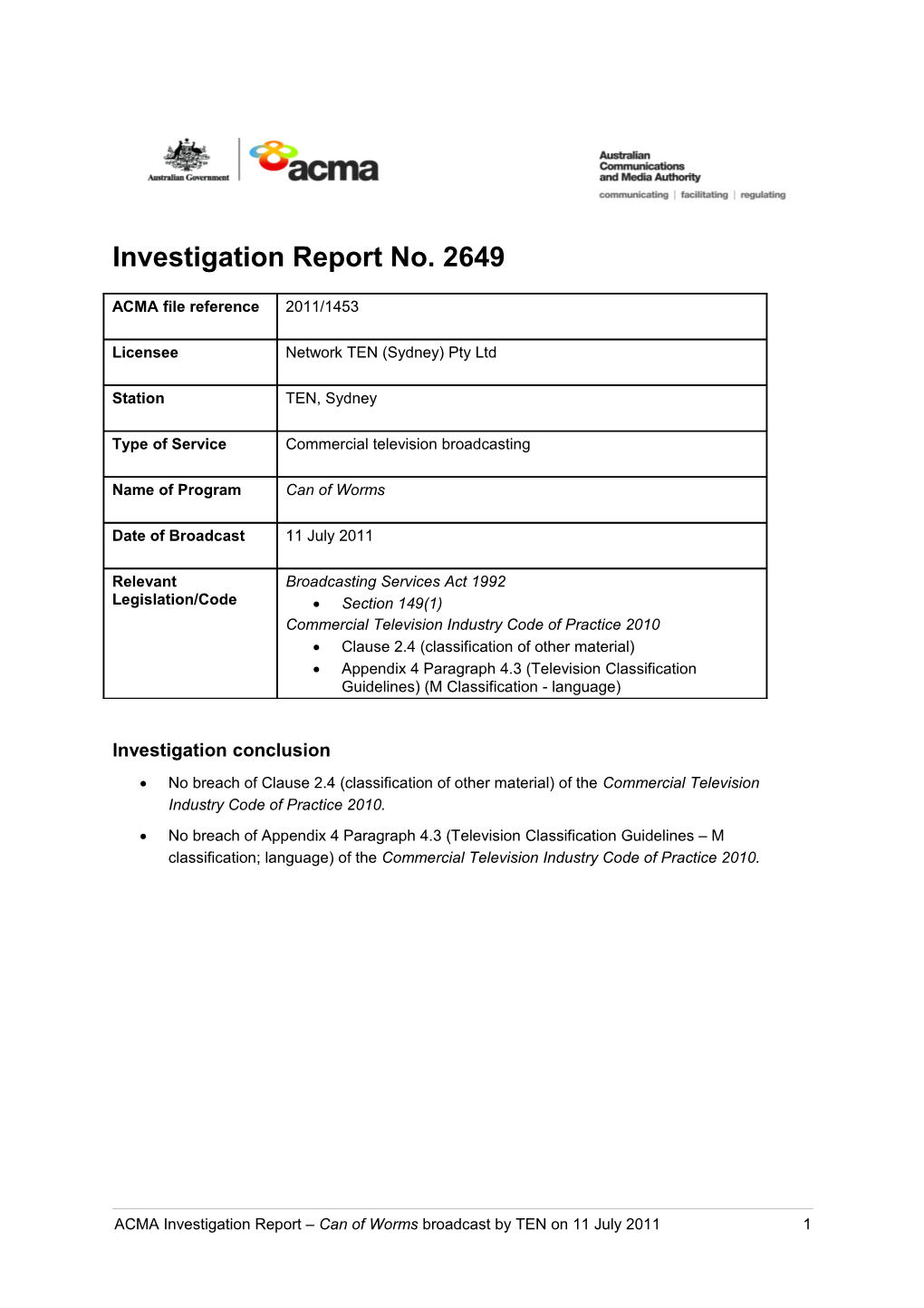 TEN - ACMA Investigation Report 2649