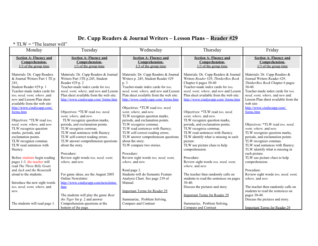 Dr. Cupp Readers & Journal Writers Lesson Plans Reader #29