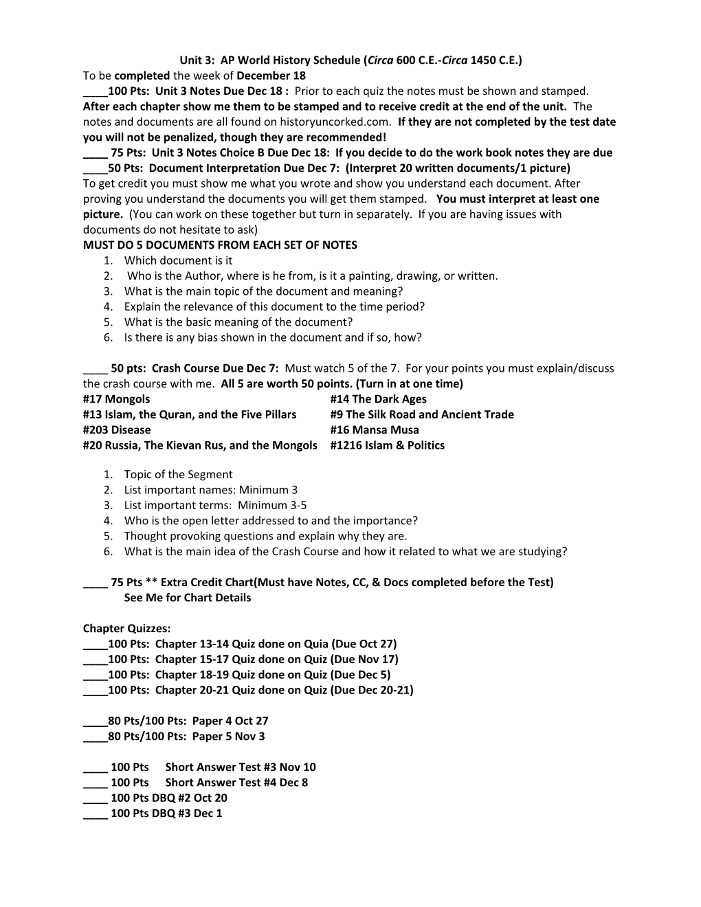 Unit 3: AP World History Schedule (Circa 600 C.E.-Circa 1450 C.E.)