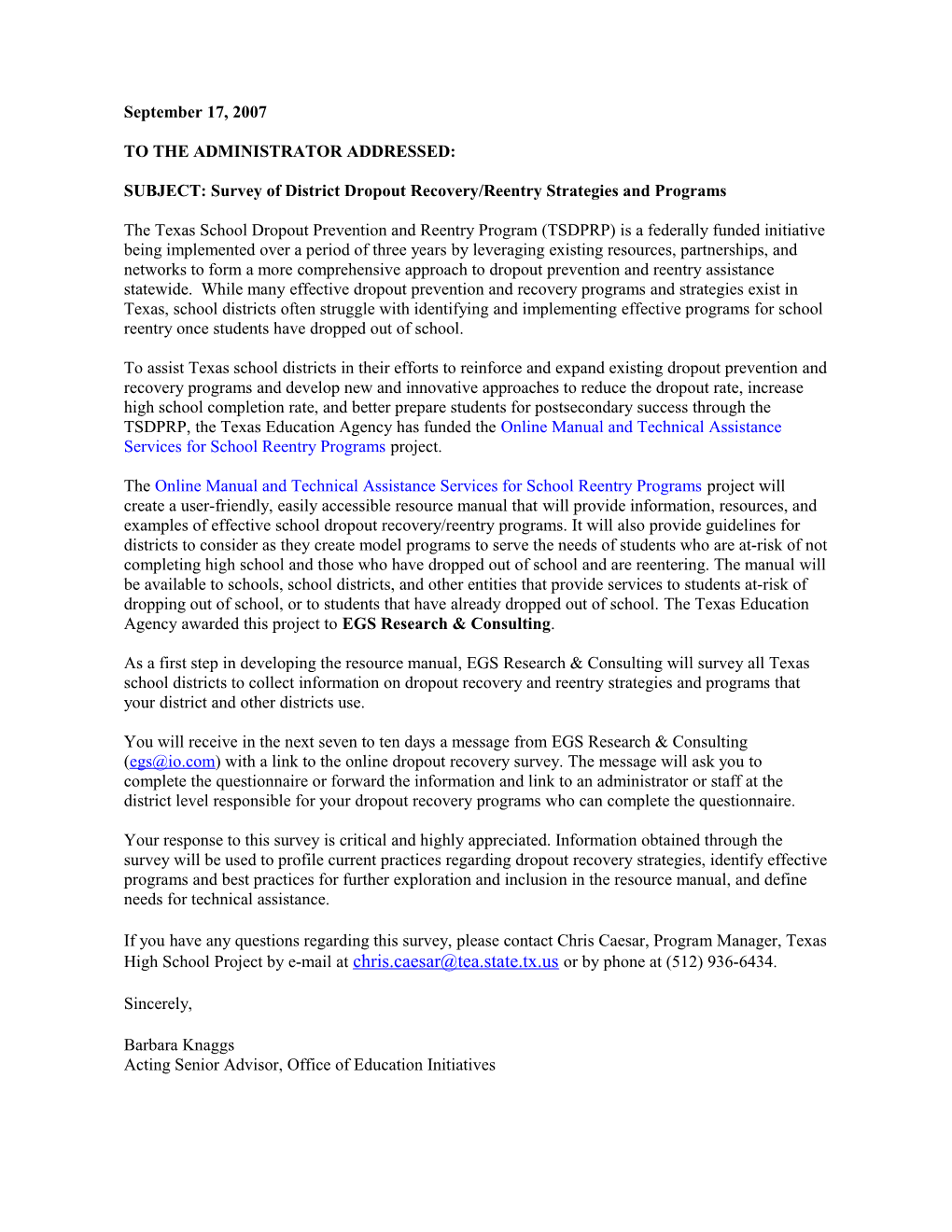 Letter to Superintendents from TEA