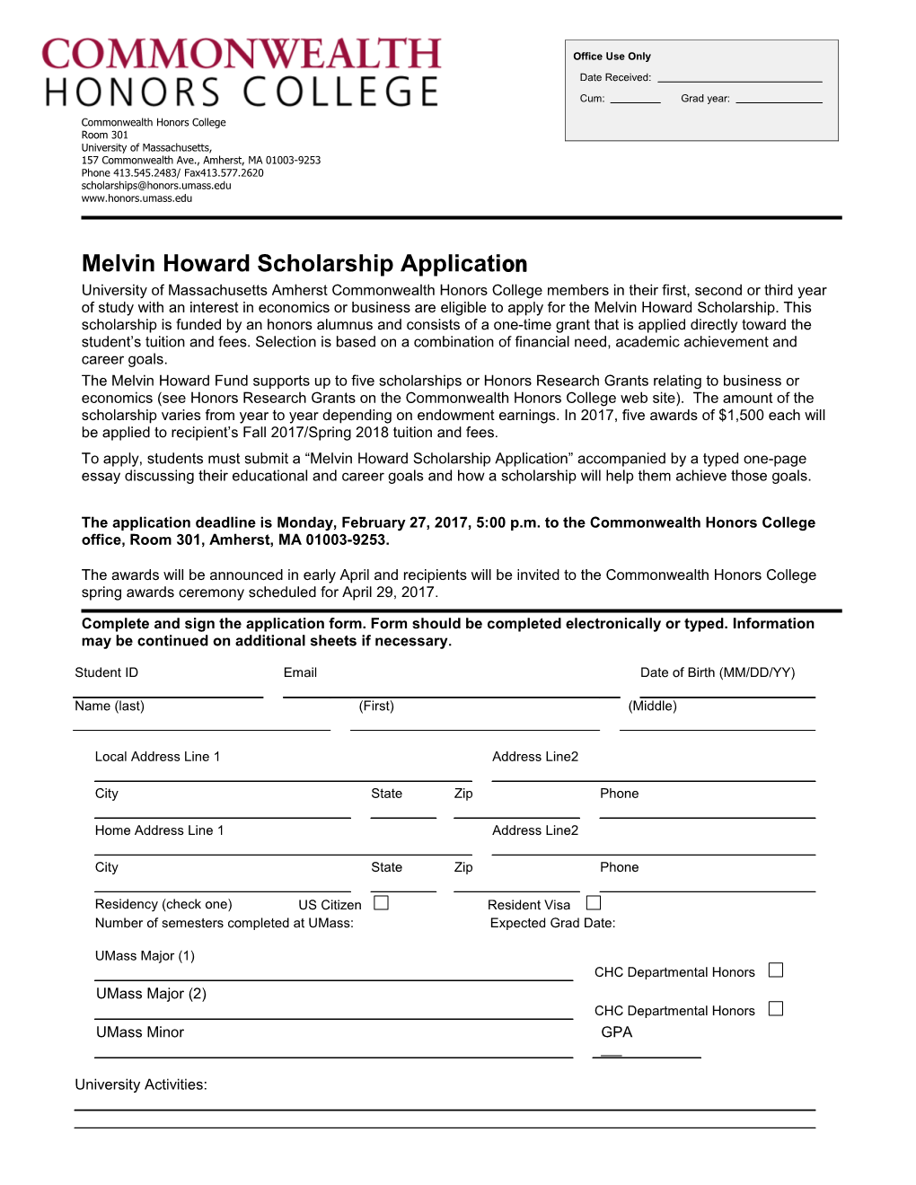 Melvin Howard Scholarship Application