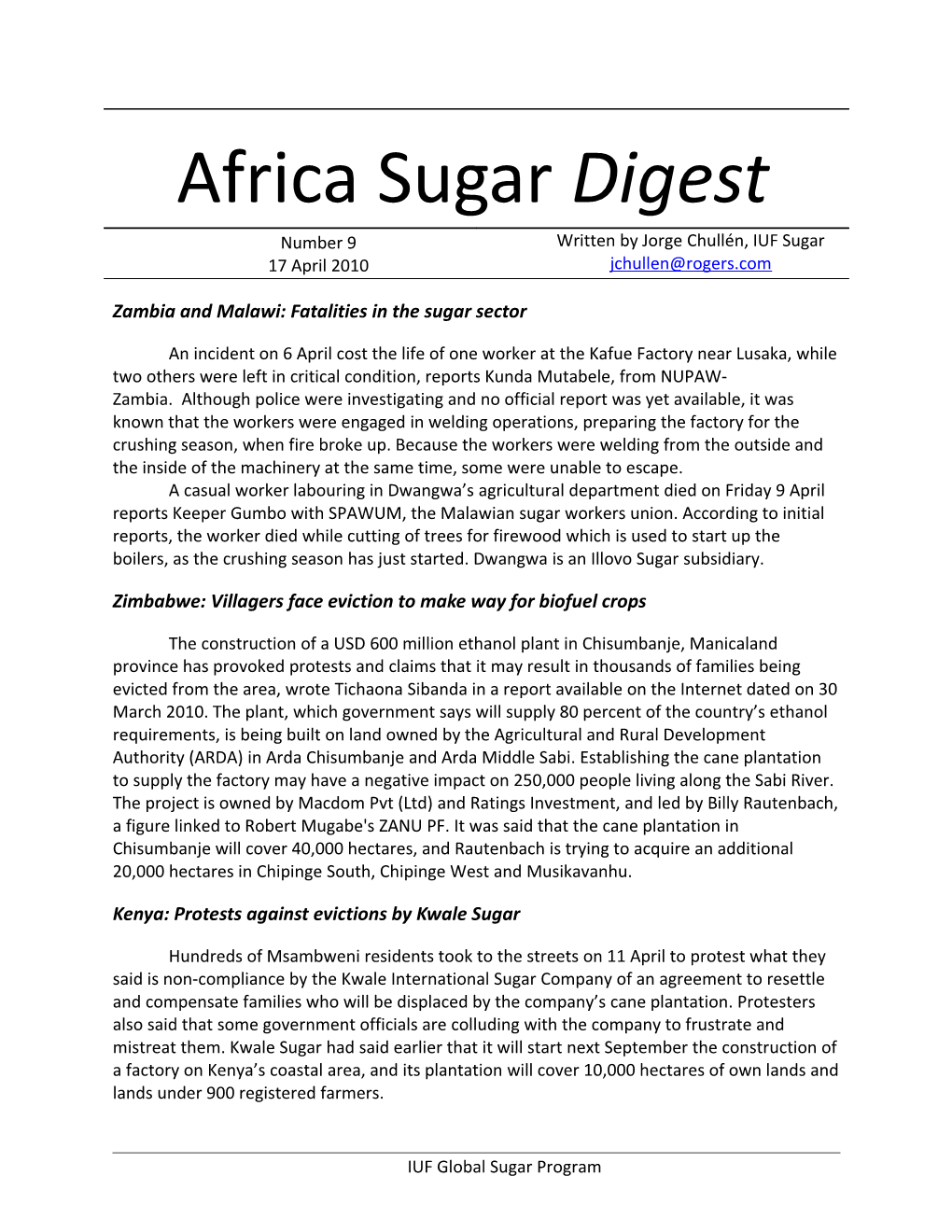 Zambiaand Malawi: Fatalities in the Sugar Sector