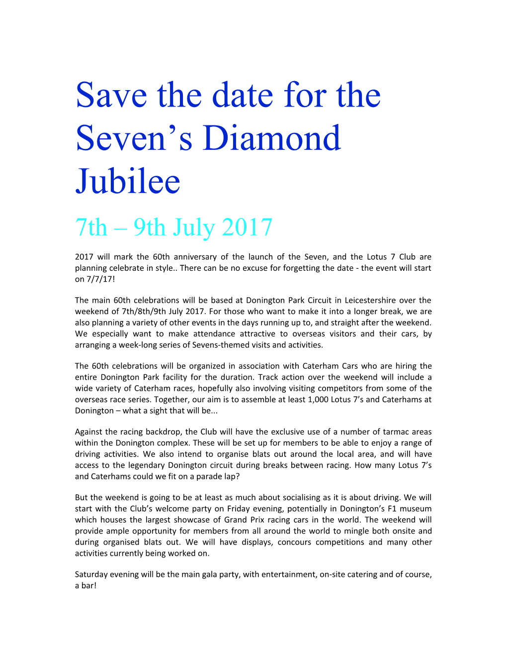 Save the Date for the Seven S Diamond Jubilee