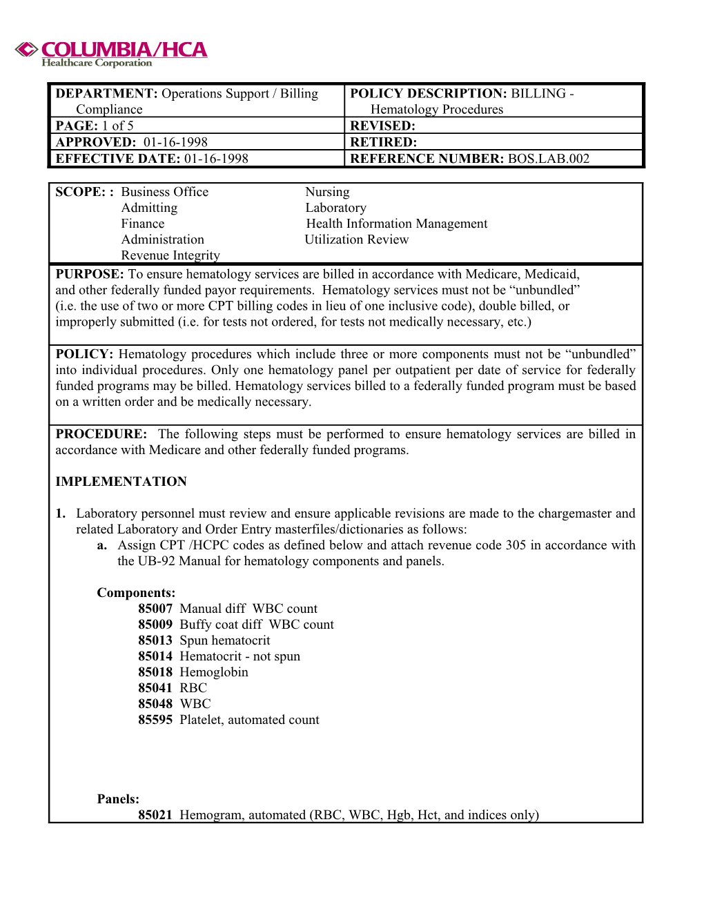 Audit Sheet Instructions: Hematology