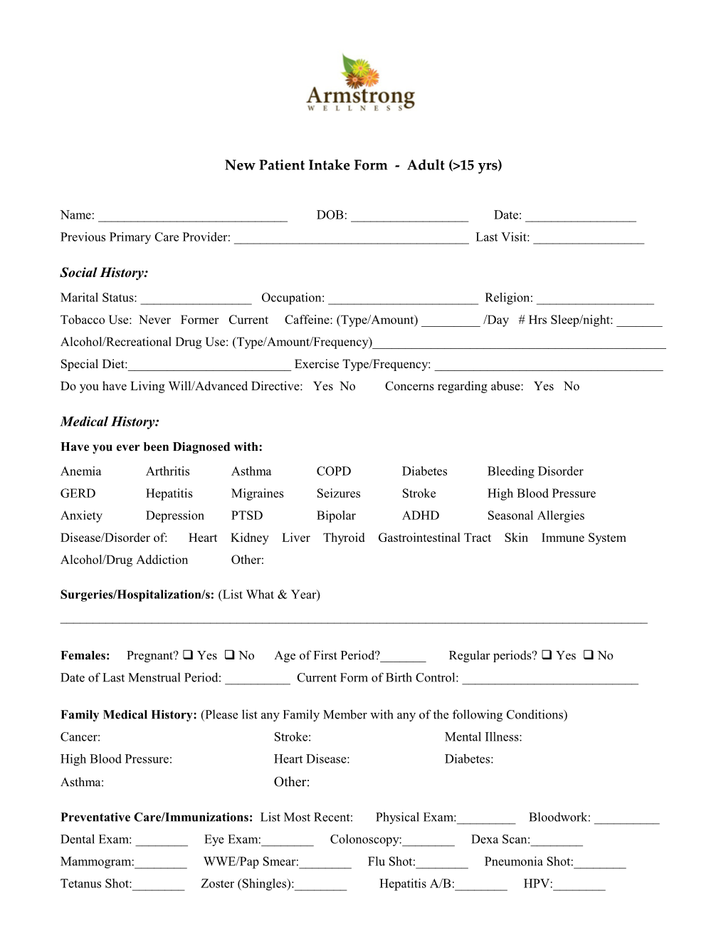 New Patient Intake Form - Adult (&gt;15 Yrs)