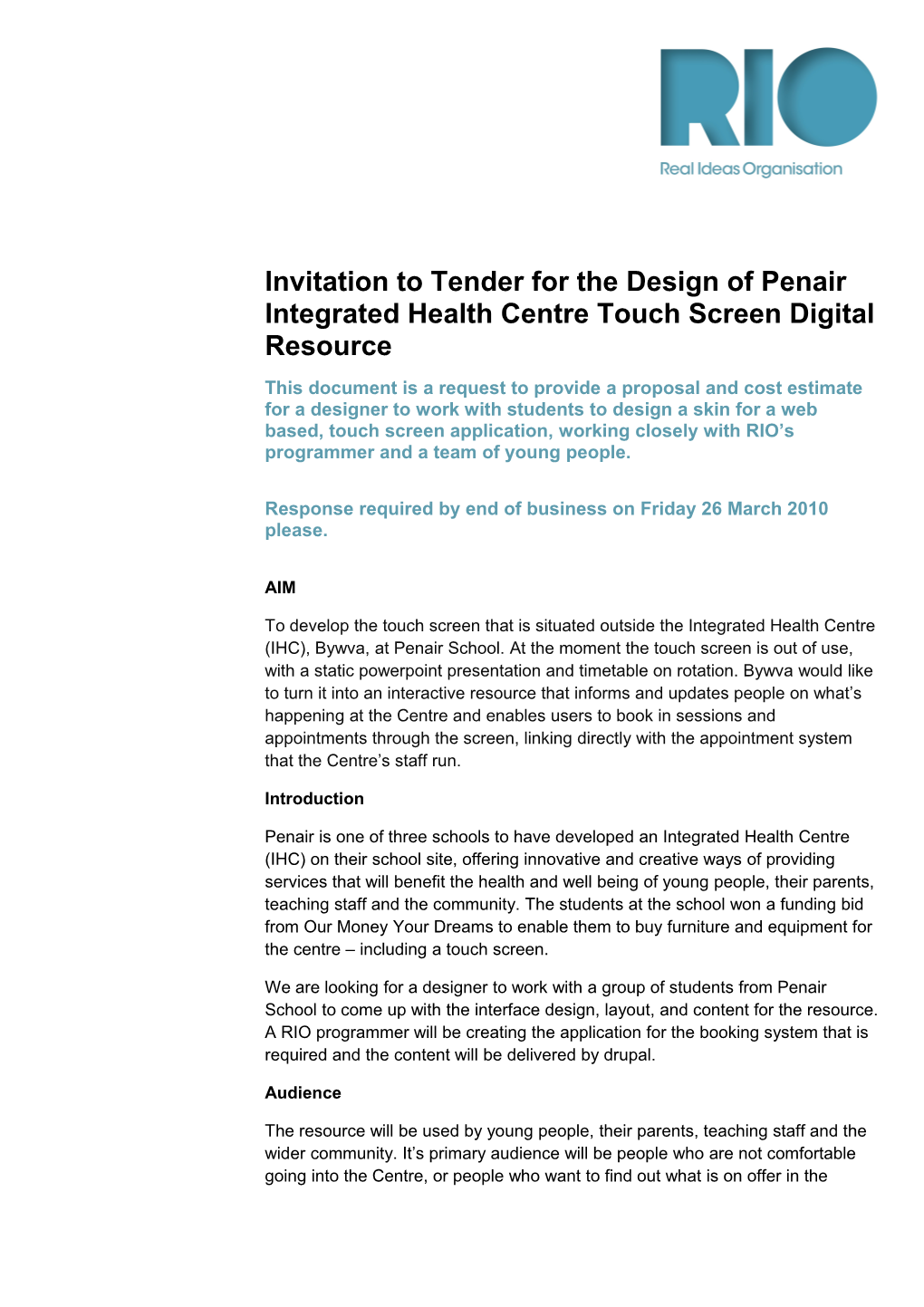Invitation to Tender for the Design of Penair Integrated Health Centre Touch Screen Digital