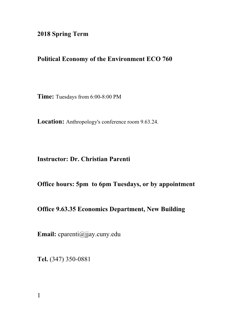 Political Economy of the Environment ECO 760