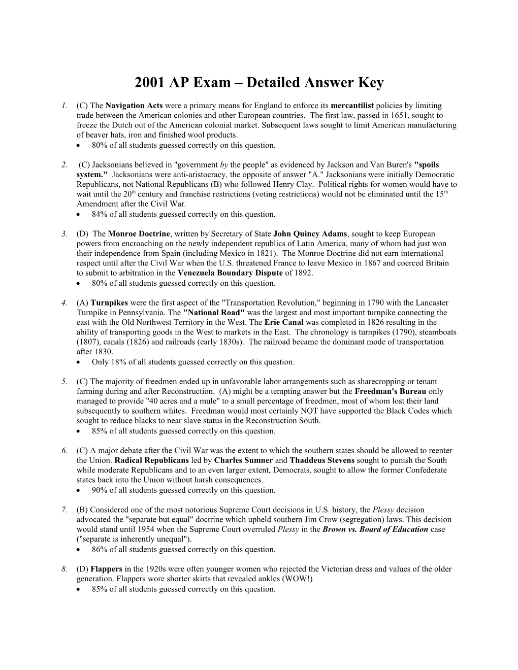 2001 AP Exam Detailed Answer Key