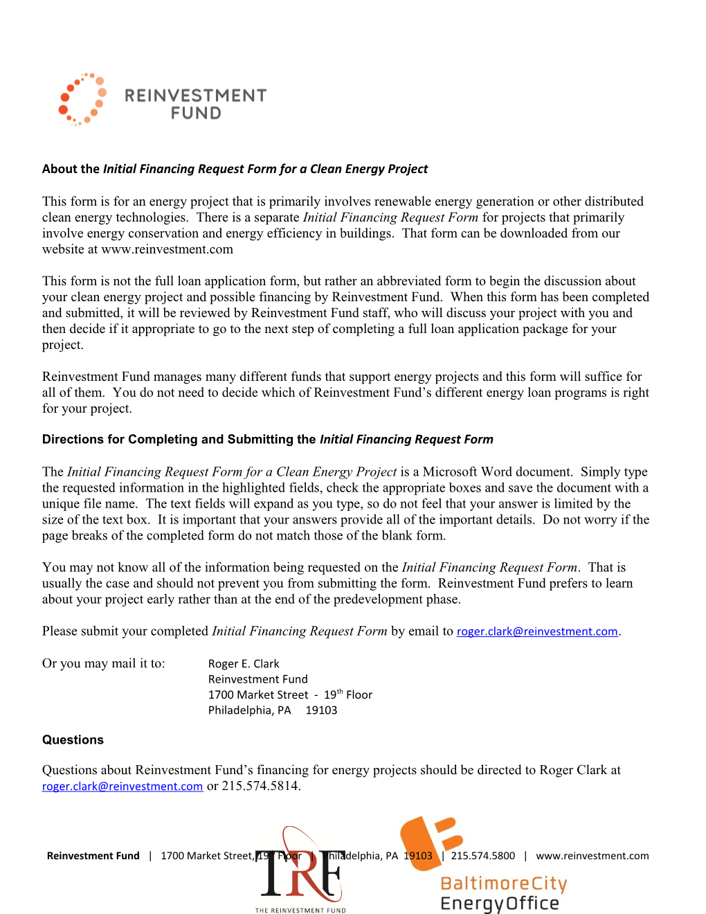 Community Energy Savers Initial Financing Request Form