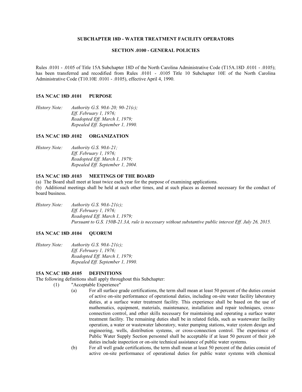 Subchapter 18D Water Treatment Facility Operators