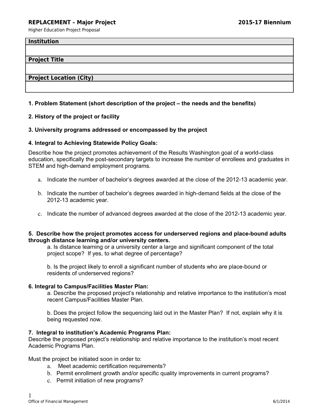 REPLACEMENT Major Project2015-17 Biennium