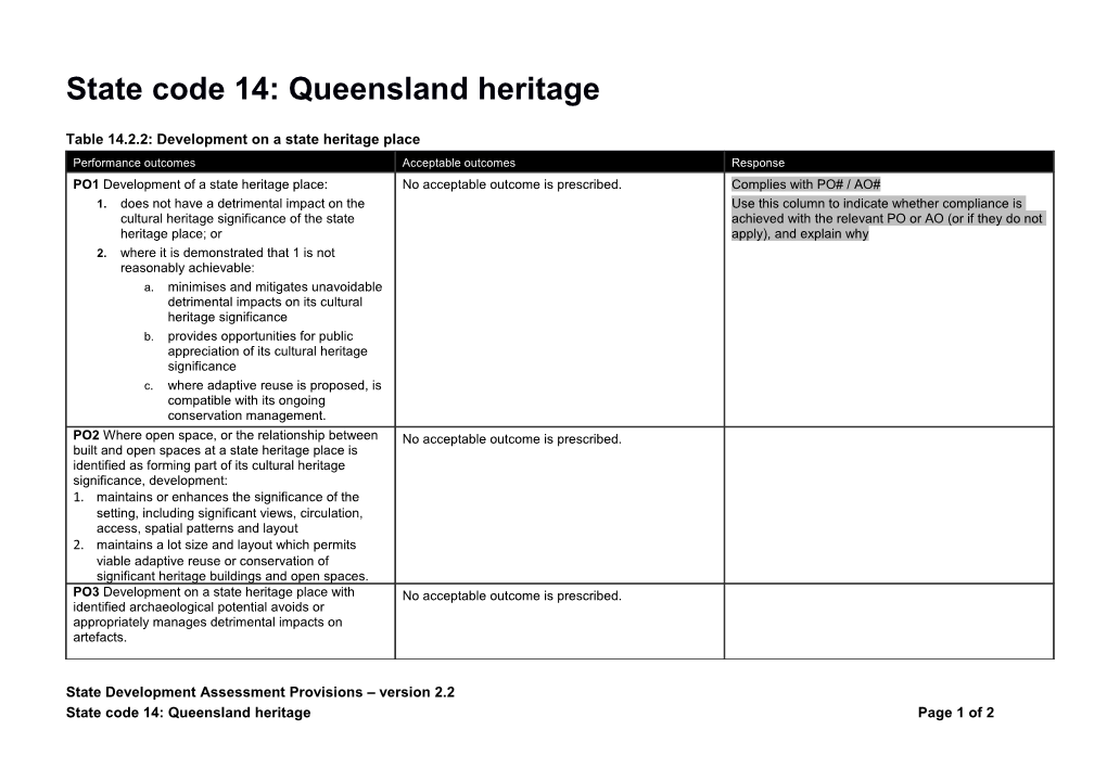 State Code 14: Queensland Heritage - Response Template