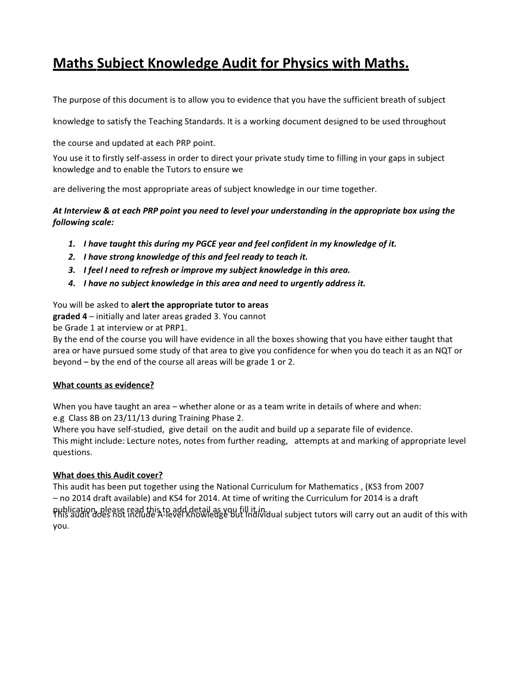 Maths Subject Knowledge Audit for Physics with Maths