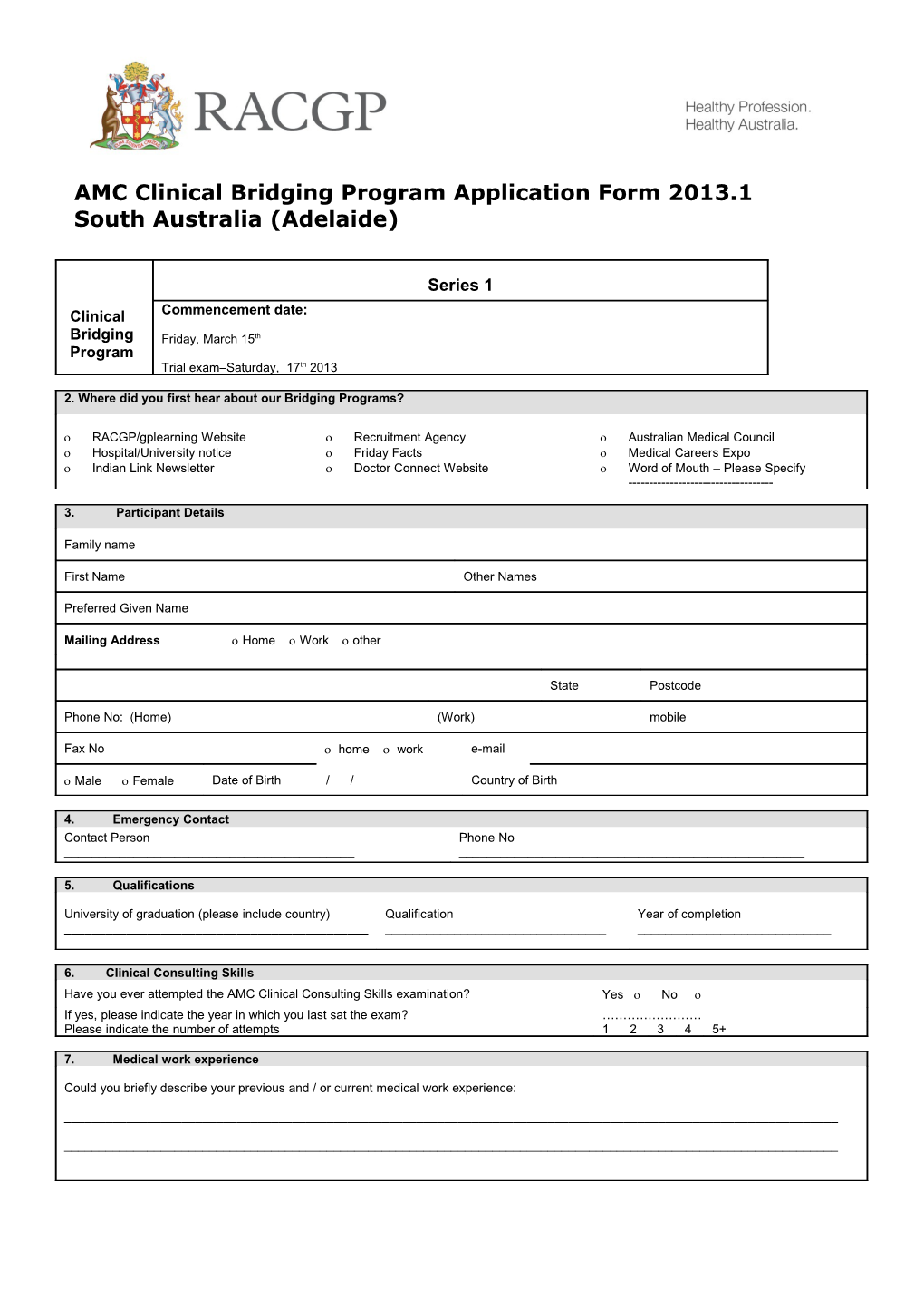 AMC Clinical Bridging Course Application Form