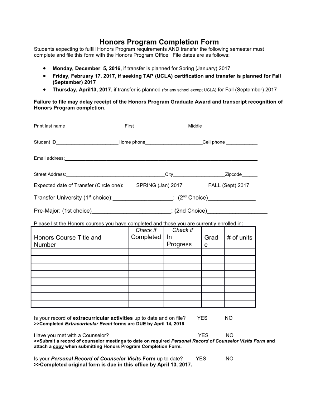 Honors Program Completion Form