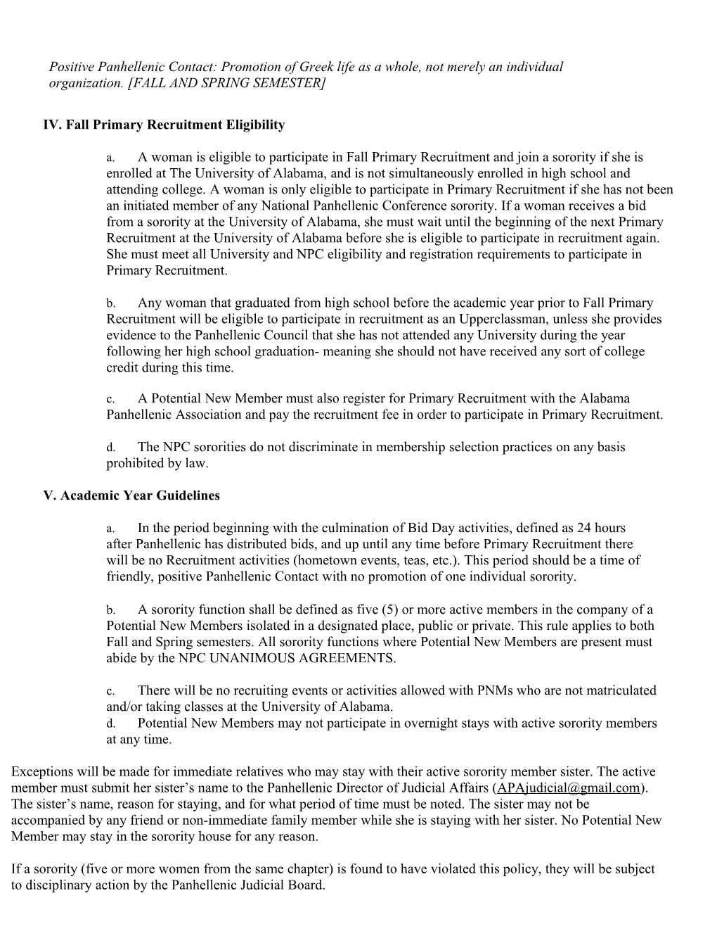 Recruitment Rules of Alabama Panhellenic Association