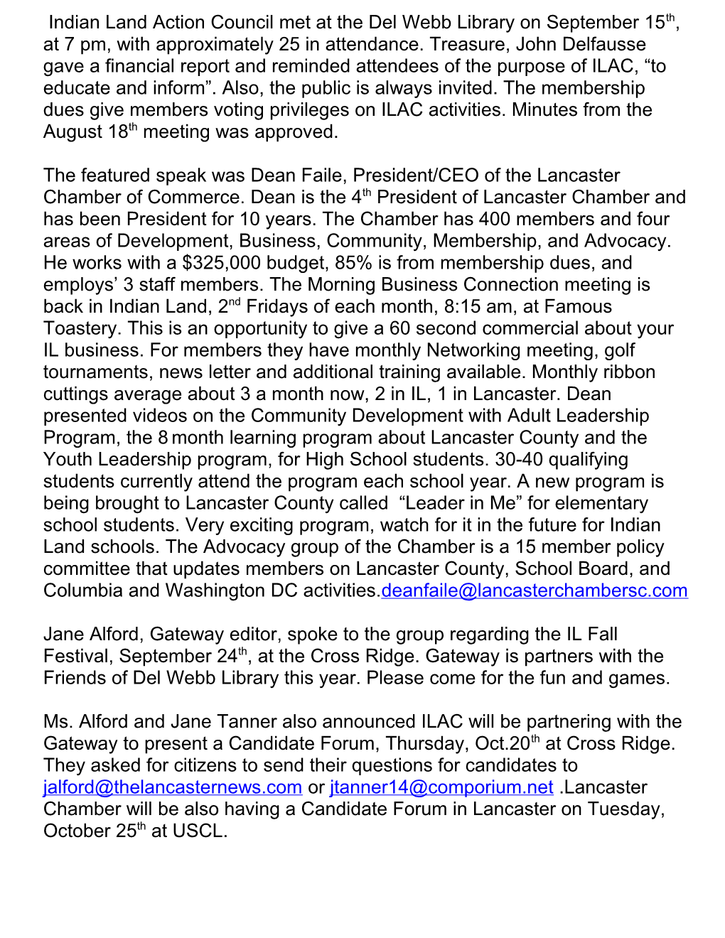 Indian Land Action Council Meet at the Del Webb Library on September 15Th, at 7 Pm, With