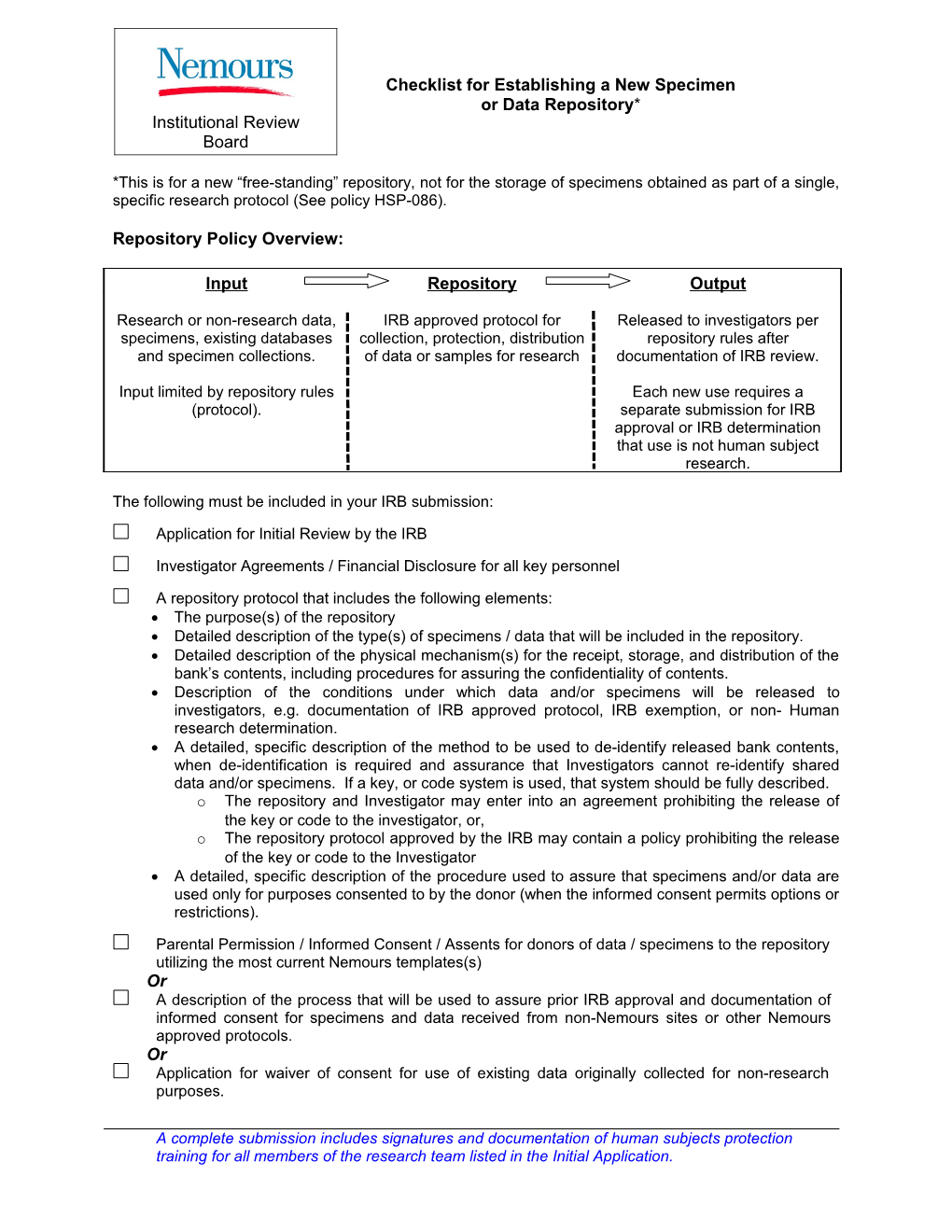 Checklist for Establishing a New Specimen Or Data Repository*