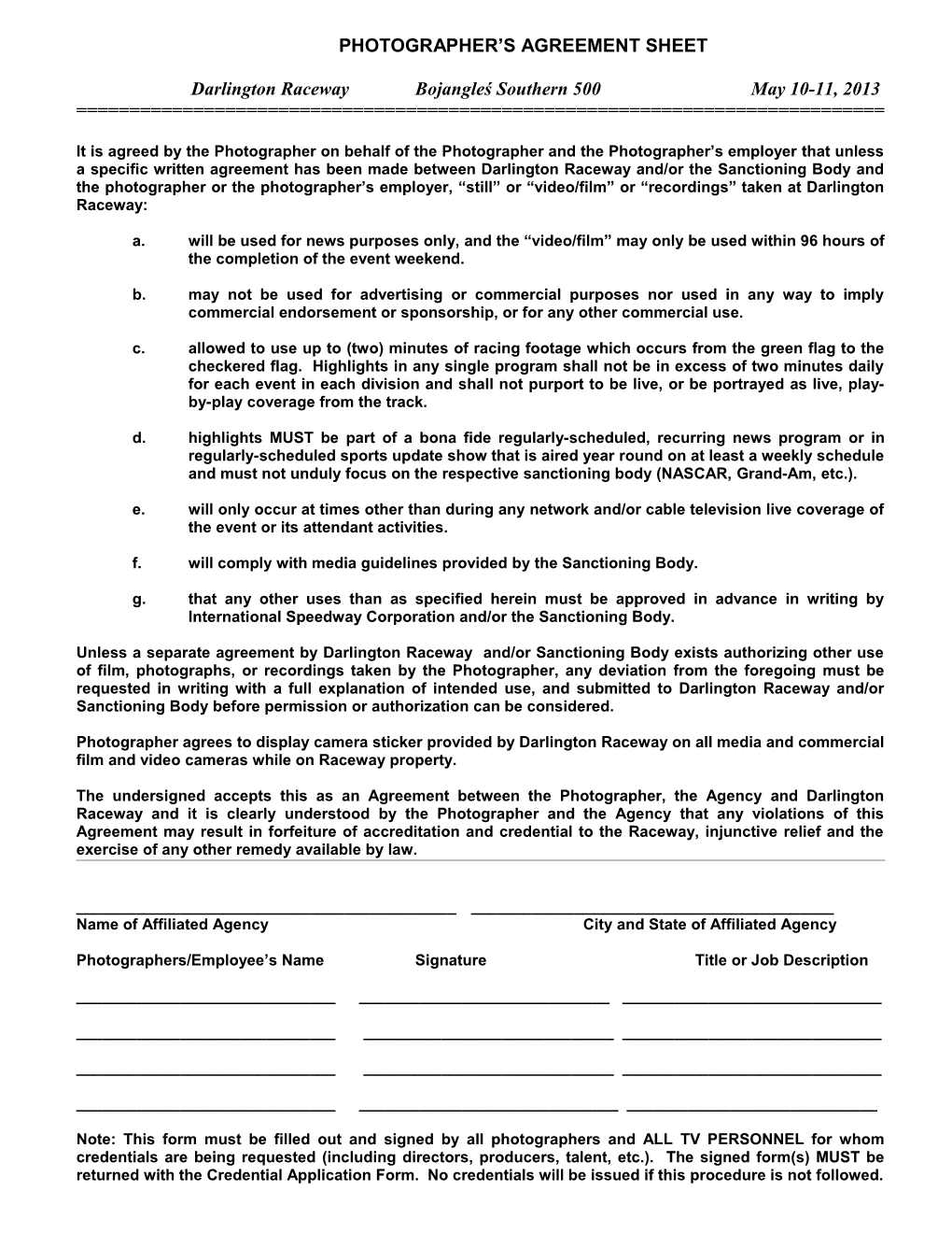 Photographer S Agreement Sheet