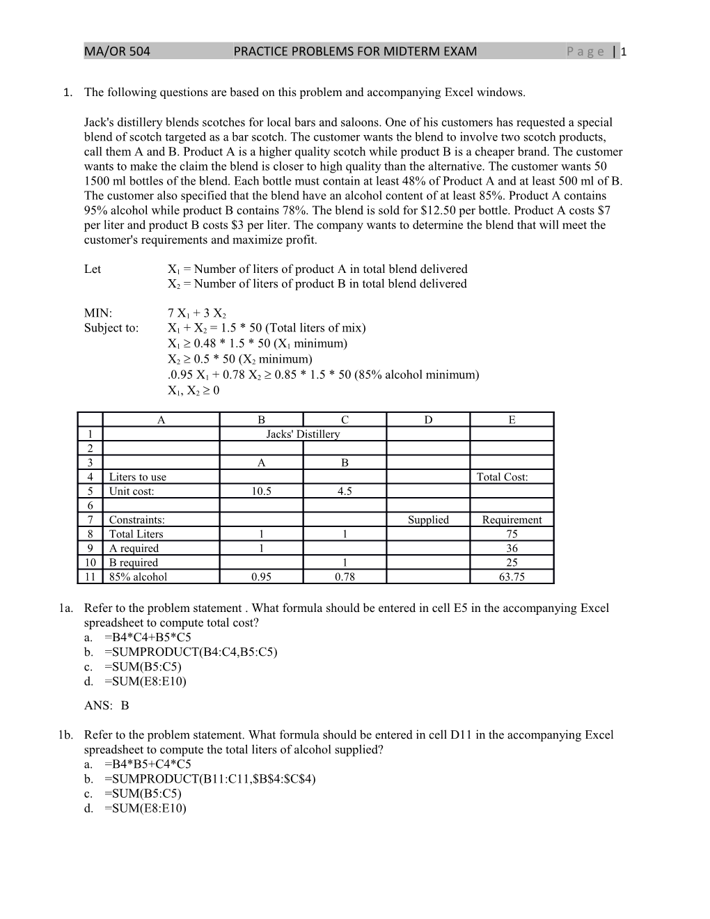 MA/OR 504PRACTICE PROBLEMS for MIDTERM Exampage 1