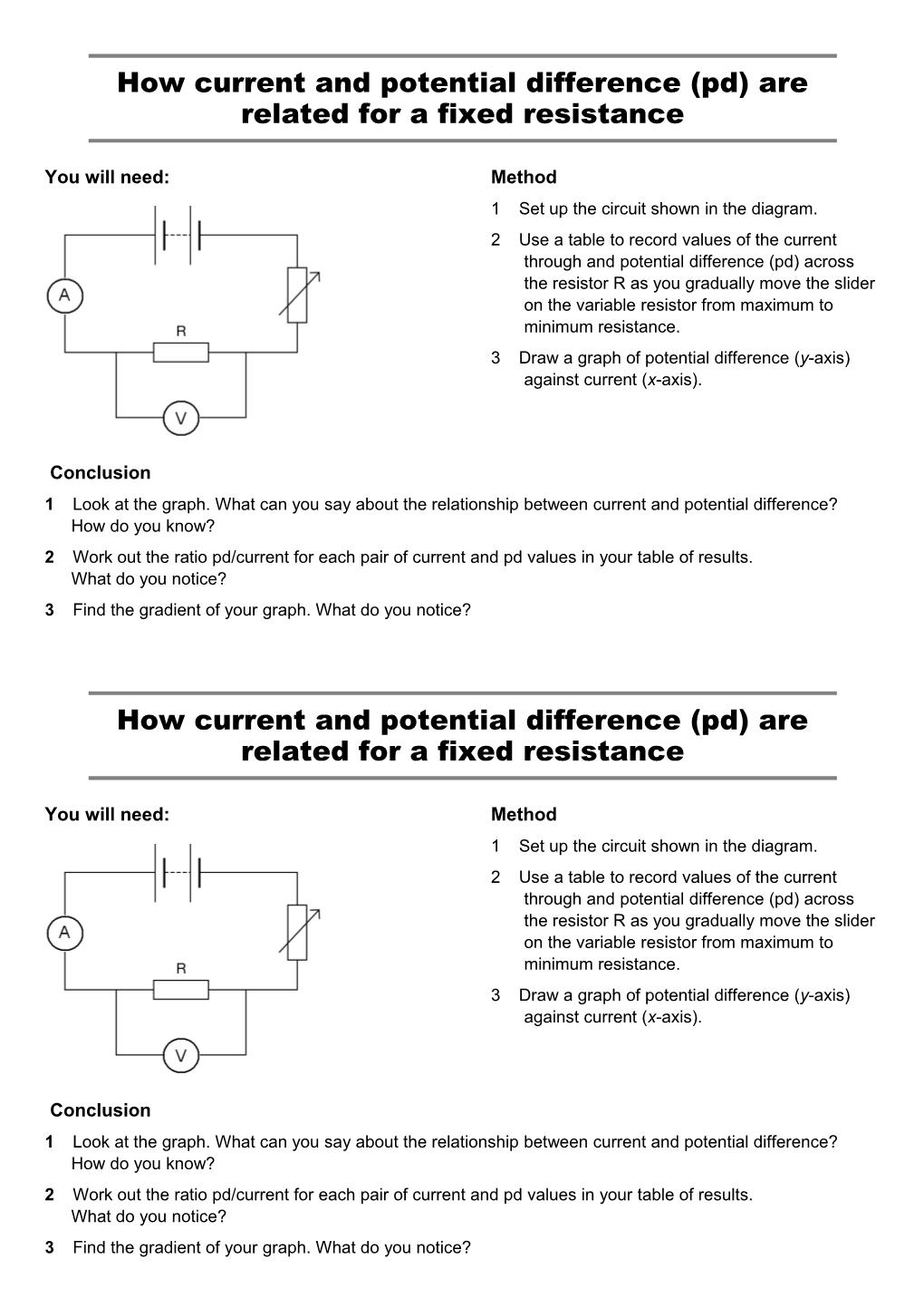 How Current and Potential Difference (Pd) Are Related for a Fixed Resistance
