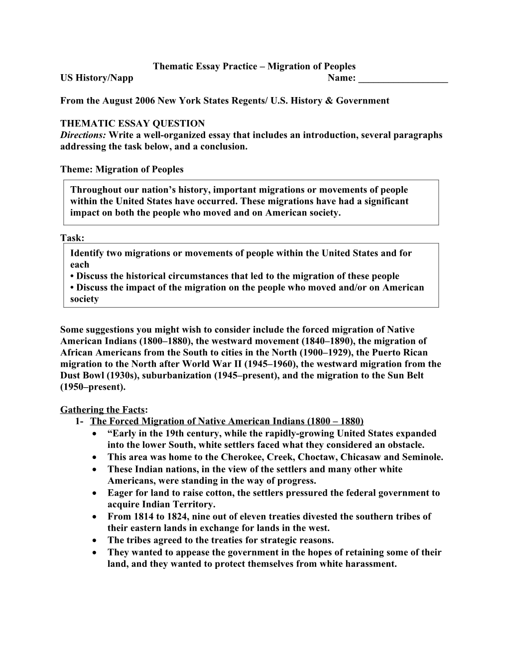 Thematic Essay Practice Migration of Peoples