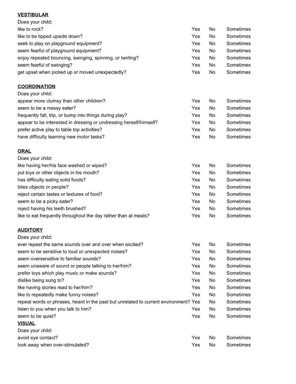 Answer Each Question, Indicating Which of These Behaviors Your Child Exhibits