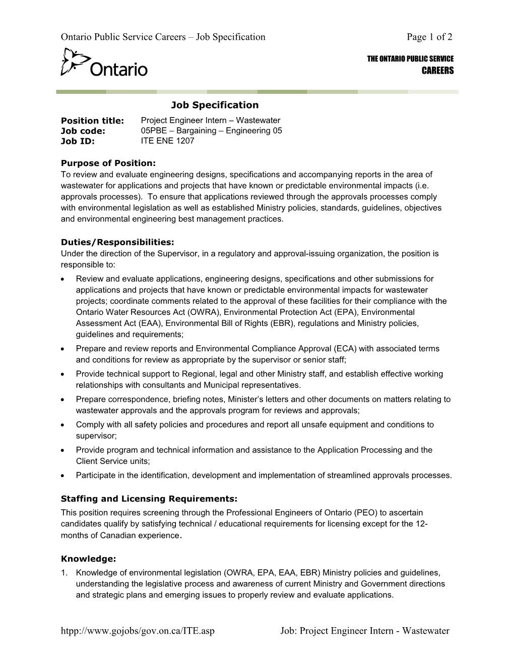 Ontario Public Service Careers Job Specification Page 1 of 1