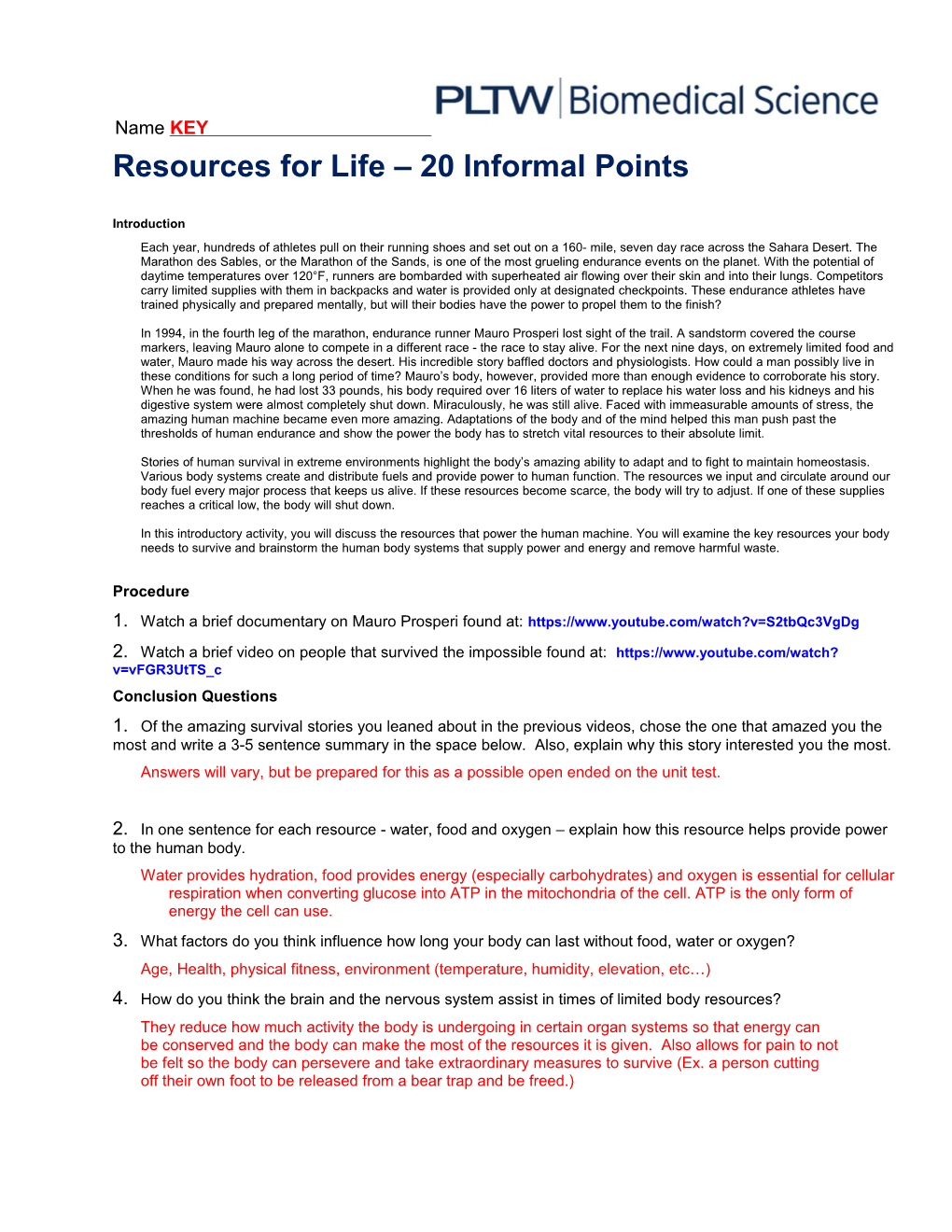 Resources for Life 20 Informal Points