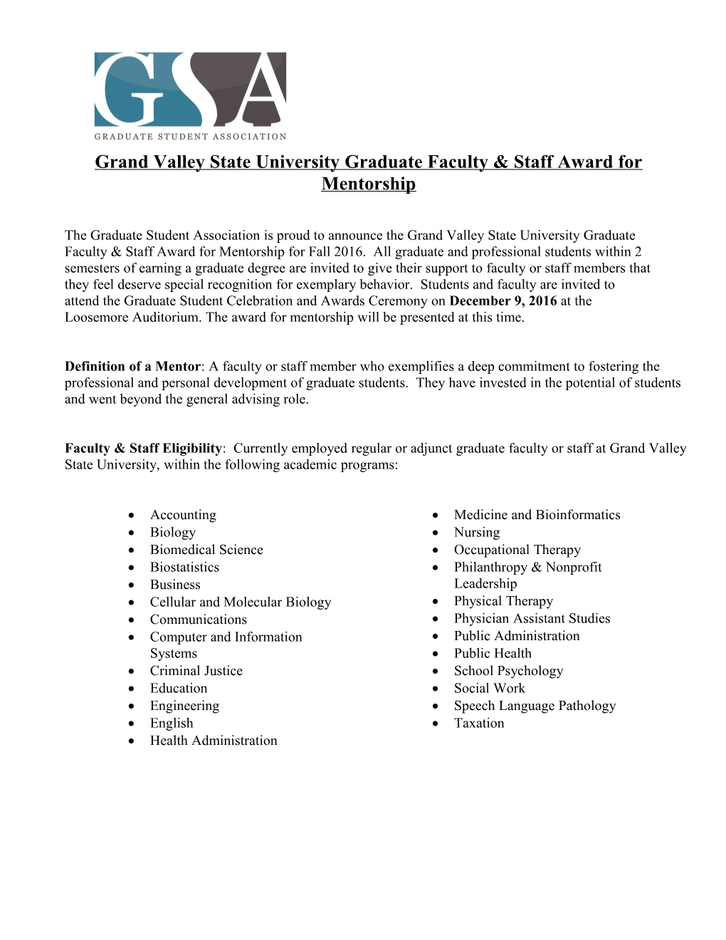Grand Valley State University Graduate Faculty & Staff Award for Mentorship
