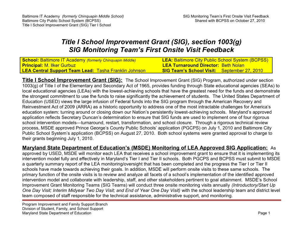 Title I School Improvement Grant (SIG) Tier I School