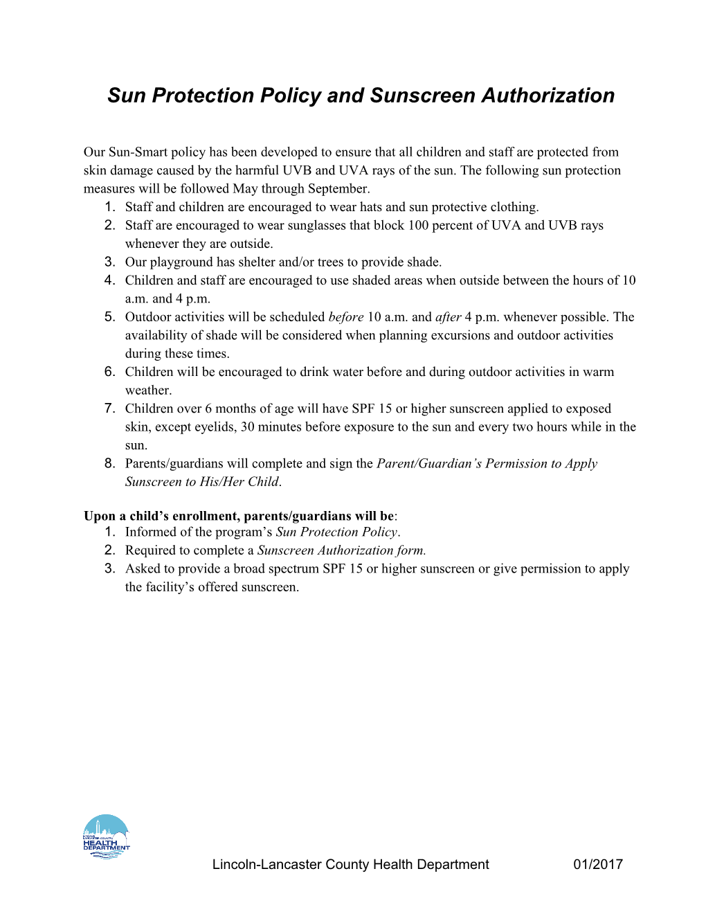 Sun Protection Policyand Sunscreen Authorization